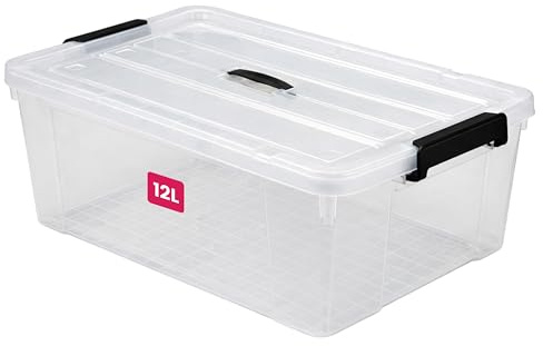 STL Clear Plastic Storage Boxes with Lids, Heavy-Duty Durable Stackable Plastic Storage Containers, Underbed Storage Boxes, Secure Clip-Lock Lid for Home, Office, Kitchen, Toys (1, 12ltr)