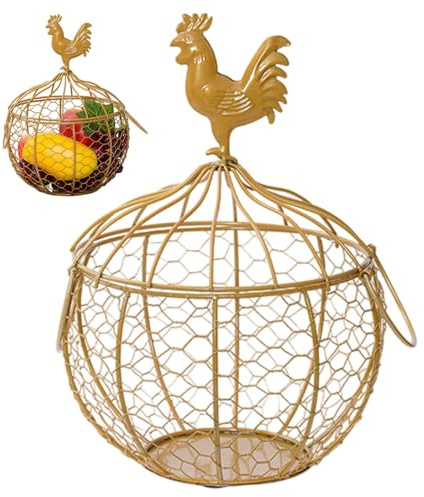 Cesta para huevos de gallina con asa, cesta pequeña de metal para recoger huevos de granja, estilo vintage con tapa decorada con pollo para frutas, verduras, flores doradas, Heim Dekorationen