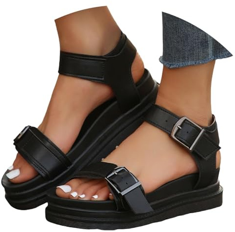 Plattform modesandaler för kvinnor sommar öppen tå spänne ankelrem sandaler mellanklackar mode ankelrem sommar sandal promenader tjocka kilskor lätta justerbara spännen skor, Csvart, 6 UK Wide