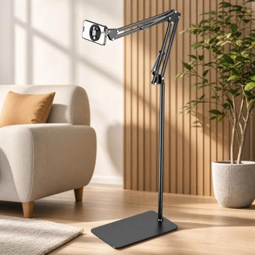 Magnetic Bed Phone Holder for Laying Down, Bedside Floor Stand with Adjustable Arm for iPhone, Headboard Phone Mount for Reading Watch Movies