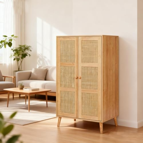 AZRBOPO Rattan Wardrobe, 2-Door Rattan Wardrobe Closet Armoire with Hanging Rack - W80xD55xH139 CM - Natural