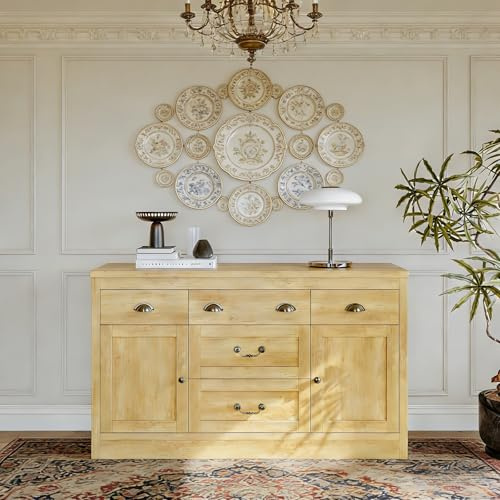Hauptrolle Kommode 135 x 39 x 80 cm im Landhausstil, Sideboard als Anrichte mit 5 Schublade & 2 Türen, rustikaler Mehrzweckschrank Metallgriff für Küche und Essbereich, aus naturfarbenem MDF