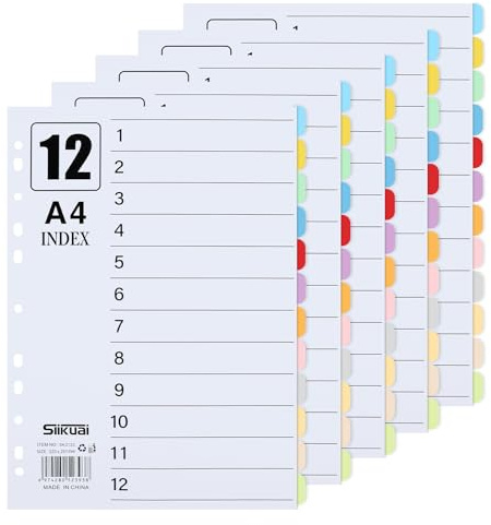 5STK Register für Ordner A4 Pappe Trennblätter für Ordner A4 Register 1-12 | Bunte Papier 11 Löcher Gestanzt mit Digitalen Karton Register Ordner Trennblätter für Organisation im Büro Schule Zuhause