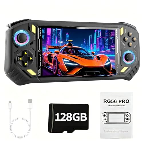 Bidinner RG56PRO Retro Video Game Console - 5.5 Inch Large IPS Screen,31000+ Classic 3D Games,5000mAh Battery, Open Linux System,Portable Console with 128G TF Card - Birthday Gift for Adult (Black)