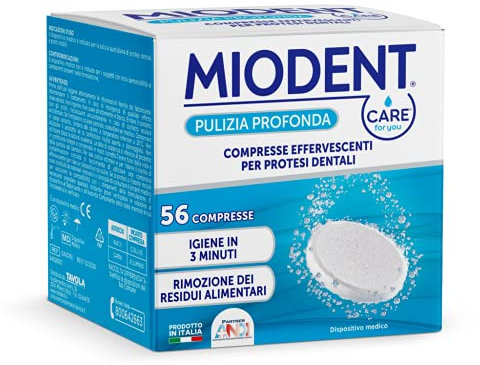 CARE for you MIODENT Compresse Effervescenti per Protesi Dentali – Igiene in 3 minuti, Rimozione dei Residui alimentari – 1 Confezione da 56 compresse