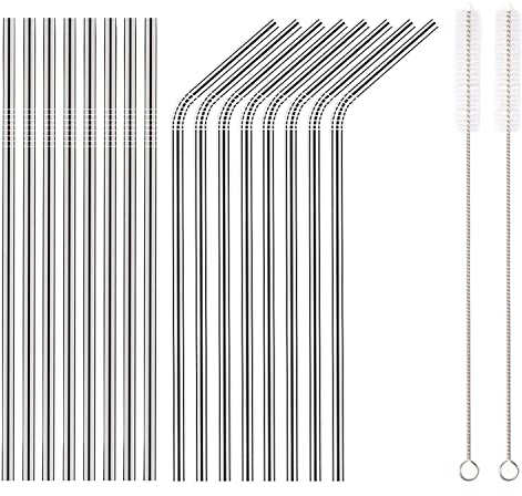 HOMQUEN 18-teilige silberne Edelstahl-Strohhalme, wiederverwendbare 8,5-Zoll-Trinkhalme, mit Tragetasche (8 gerade / 8 gebogene / 2 Bürsten)