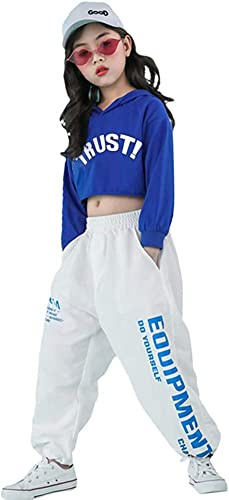 LOLANTA 2 Piezas de Ropa de Baile Callejero para niña Hip Hop, Sudadera Corta + Pantalones de chándal, Azul, 11-12 años, 160