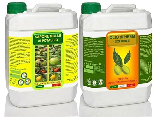 Argan Italia - Olio di Neem e Sapone Molle Potassico per Piante 5+5 Litri, Olio di Neem Solubile Agisce Naturalmente Contro Insetti e Funghi, il Sapone Molle di Potassio Potenzia il Trattamento