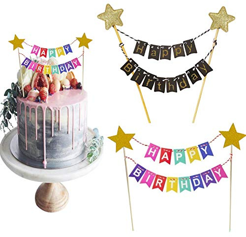 HUSZZM 2 Stück Wimpelkette Torten Topper Wimpelkette Happy Birthday Tortendeko Geburtstag Kuchengirlande Cake Topper für Kinder Mädchen Jungen Party Hochzeit Schwarz Gold Bunt Torten Dekoration