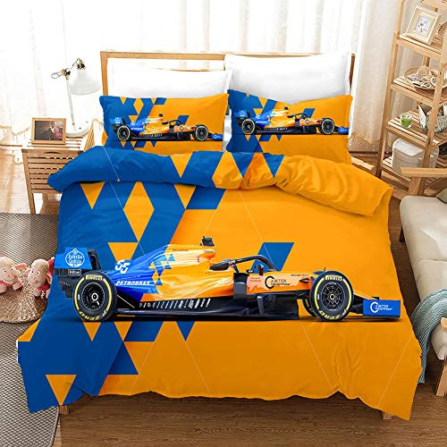 Bettbezug Orange 135x200cm Bettwäsche-Set F1 Auto Mikrofaser drucken Bettbezüge mit Reißverschluss und 2 Kopfkissenbezug 80x80 cm,Atmungsaktiv, Weiche und Angenehme Schlafkomfort