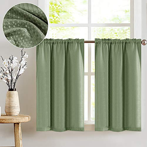 TOPICK Tenda corta da cucina/armadio a 2 pannelli, schermante, con passante per bastone, motivo a nido d’ape, decorazione per piccola finestra di cucina, verde, 90 x 60 cm (larghezza x altezza)