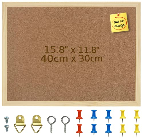OWLKELA 40X30cm Thicken Cork Board, Notice Pin Board, Memo Board, with 10 Pushpins and Hanging Rings Vision Board, Bulletin Board for Office, Classroom or Home Classic Wooden Frame
