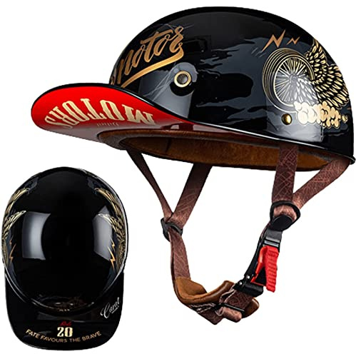 HZIH Casquette De Baseball Moto Casque Demi Vintage Casque Jet Demi Coque Mobylette Bols Casque Dot/ECE Homologué Pilote Casque De Scooter À Visage Ouvert pour Hommes Femmes E,M=57-58cm