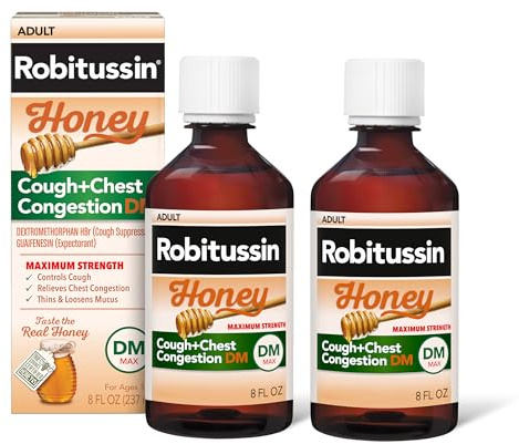 Robitussin Maximum Strength Honey Cough Plus Chest Congestion DM, Cough Medicine for Cough and Chest Congestion Relief Made with Real Honey for Flavor - 8 Fl Oz x 2