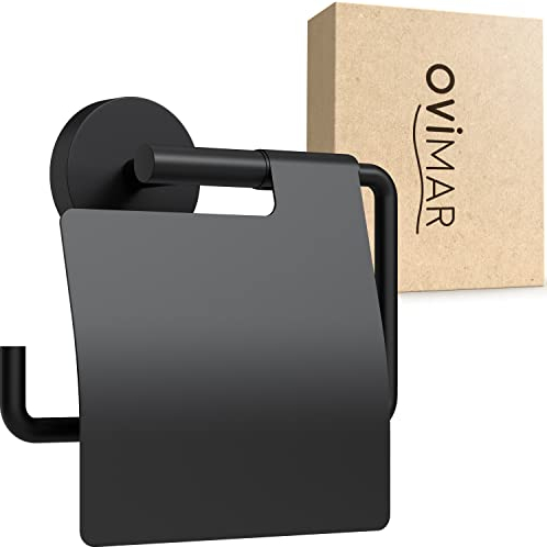 ovimar Toilettenpapierhalter Heroya zum Bohren schwarz | Klorollenhalter selbstklebend in Edelstahl | Klorollenhalter mit Deckel | WC Rollenhalter mit Absenkdämpfung zum Bohren | Klopapapierhalter