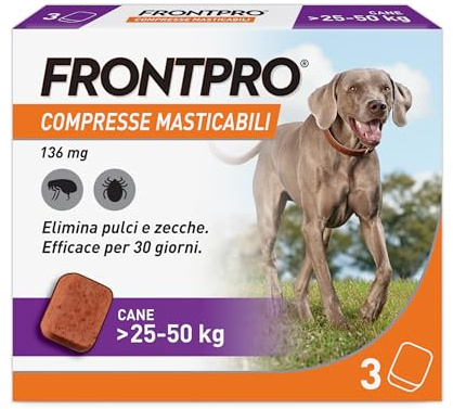 FRONTPRO 3 Compresse Masticabili Antiparassitario per Cani di Peso > 25-50 kg Protegge da Pulci e Zecche, Antipulci in Confezione da 3 Compresse da 136 mg di Afoxolaner, 25kg-50kg