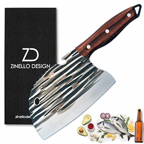 ZINELLO DESIGN - Coltello da cucina professionale giapponese in Acciaio inox 18/10 e manico in legno. Coltello da cuoco coltello da macellaio, coltello da cucina con squamatore di pesce, apribottiglie