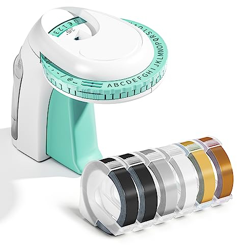 Airmall Etikettenprägegerät Prägegerät mit 6 Rollen 3D Prägebändern 9mm x 3m, Handgerät Vintage Beschriftungsgerät Prägegerät, Grün Handbuch Tragbare Etikettiergerät für Home Schule Küche und DIY