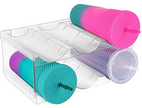 Stackable Water Bottle Organizer for Cabinet, Plastic Bottle Holder Designed for Starbucks Studded Tumblers up to 40oz, Plastic Cup Holder&Wine Rack for Pantry,Cupboard- 2 Layers Hold 6 Bottles