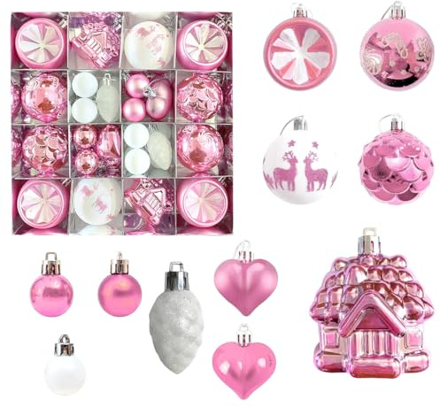 Pink & White Christmas Ornaments Set 40PCS – Shatterproof Xmas Tree Decorations with Baubles, Hearts, Pine Cones, Reindeer Balls & Love House Ornaments – Pink Holiday Décor for Tree & Home