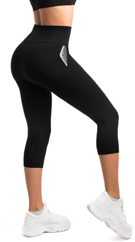 SINOPHANT Capri, 3/4-längd, leggings för kvinnor, med fickor, hög midja, fjäril, mjuk, elastisk, ogenomskinlig, beskurna byxor för gym, yoga, sport, Svart, S/M