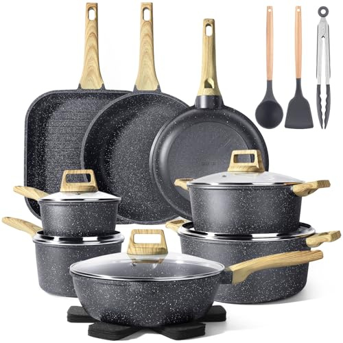 GiPP Pots and Pans Set Non Stick - 21PCS Granite Kitchen Cookware Sets Nonstick Induction Cookware Non-Toxic Cooking Pan Set with Silicone Spatula & Spoon, PFOS & PFOA Free(Grey,21PCS)