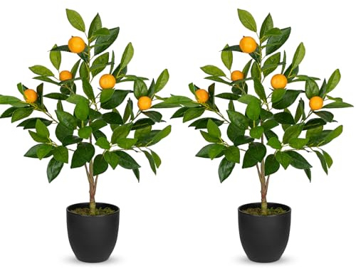 Hollyone 2 stycken konstgjorda växter dekoration apelsinträd, 60 cm plastväxt i kruka svart, inomhusväxter konstgjord med apelsingren och apelsiner frukter för heminredning vardagsrum kök kontor