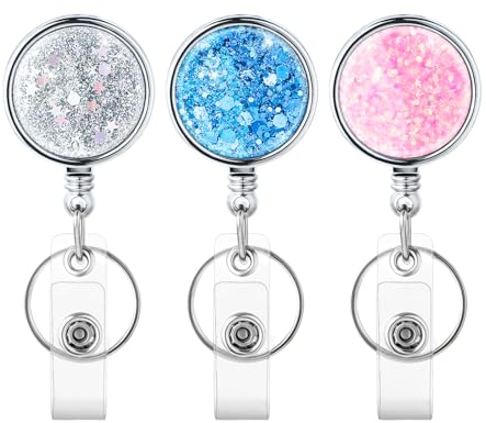 3 Stück Einziehbare Ausweisrollen, Ausweishalter Krankenschwester Schlüsselanhänger Ausweishalter Retractable mit Strasssteinen für ID Clip Schlüsselkarte Klettern Fob (Silber, Rosa, Himmelblau)