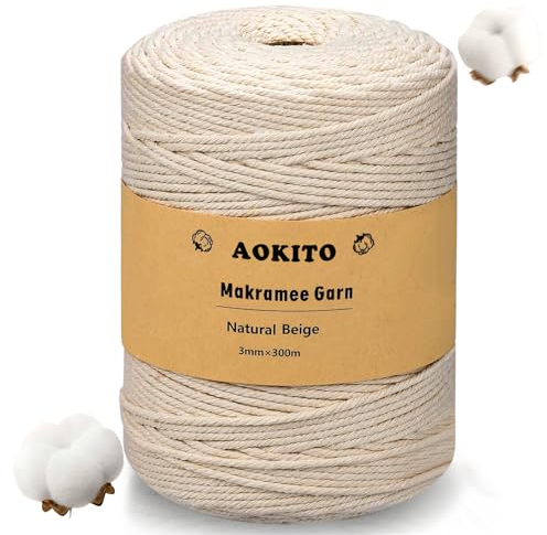HOVIBU Filato macramè di alta qualità, beige, 3 mm x 300 m, filato di cotone naturale, filo di cotone per fai da te, fai da te, lavori a maglia, boho, decorazione da parete, soggiorno, balcone