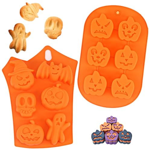 2 Stück Halloween Kürbis Silikon Backform, Kuchenform Keksform Muffinform, Halloween Geist Silikon Schokoladenform, Kürbis Fledermaus Schädel Geisterform Silikonform, für Küche DIY Backen(B)