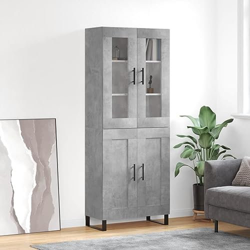 Generisch Sideboard 69,5x34x180cm Betongrau Holzwerkstoff, Glas, Metall Küchenschrank Vorratsschrank Wäscheschrank Bücherregal Ablagekorb Gartenschrank Fernsehschrank schmal