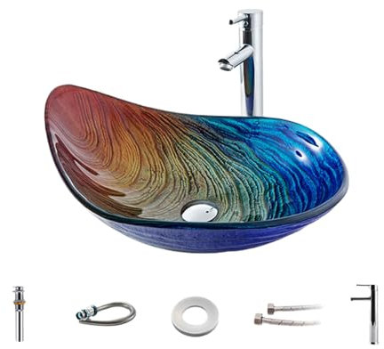 Vasque en verre avec robinet, lavabo artistique en verre trempé pour salle de bain, restaurant, hôtel (F)