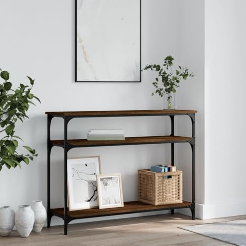 FENLAX Konsolentisch mit Ablagen 100x29x75 cm Beistelltisch aus Holz Flurtisch mit Ablagen Ausstellungstisch Eingangsbereich Akzenttisch Holzwerkstoff&Metall Braun Eichen-Optik