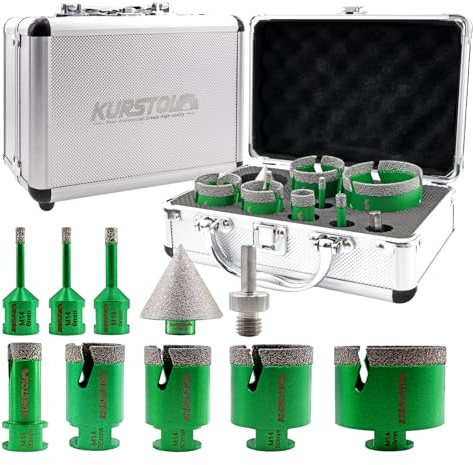 KURSTOL Forets Diamant Carrelage 10 Pièces - 6/6/8/20/35/40/50/68mm Trépan de Forage, 50mm Foret Chanfrein, Adaptateur pour Céramique Porcelaine Marbre Granit