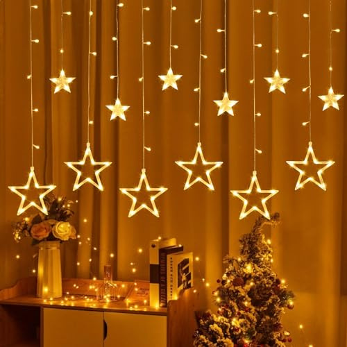 MWZEAUL Tenda Luminosa Natale, 12 LED Stella di Natale Luminosa Luci Finestre, 12 Ganci / 8 Modalità/Funzione di Memoria, 3.3M Stella Luci Tenda Natale Esterno Interno per Decorazioni Natalizie