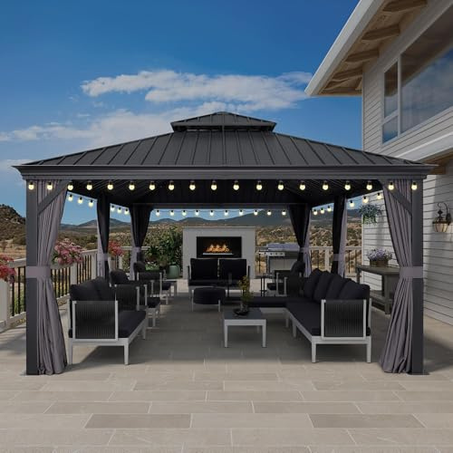 PURPLE LEAF Tonnelle de Jardin Exterieur Alu 7,32 x 3,65 m avec LED Gris | Ambiance romantique, Gouttière intégrée, Rideaux et moustiquaire 260 g/m², 26,71 m², Double toit rigide, Résiste 17,9 m/s