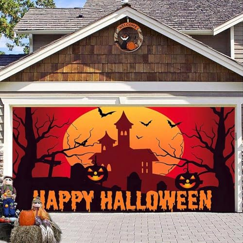 FASHION ITEM Bannière de porte de garage d'Halloween, toile de fond pour porte de garage, décorations d'Halloween avec chauve-souris, citrouille, château, couverture de fond pour fête de vacances