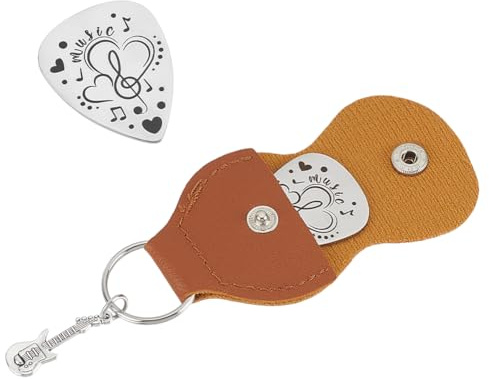 UNICRAFTALE 1 Stück Gitarrenplektren Geschenk Edelstahl Gitarrenplektrum Schlüsselanhänger Mit PU Lederhülle Herz Musiknoten Plektrum Gitarren Set Geburtstags Weihnachts Und Valentinstagsgeschenke