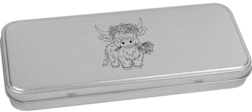 Azeeda 'Highland Cow With Flowers' Stationery Tin - 180mm (TT00258277) | Metal Hinged Keepsake Box for Pens, Pencils, Crafts and Gifts
