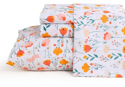 JSD Floral Floral Sheet Set Cal King, 4 Piece Spring Printed Microfiber Bed Sheets Deep Pocket