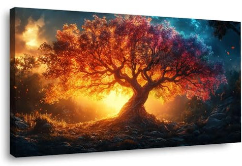 BOHUO Oro, blu Quadri Moderni Albero della vita Stampa Tela, Albero colorato XXL Quadro soggiorno salotto camera letto ufficio bagno bar ristorante-60x120cm Incorniciato