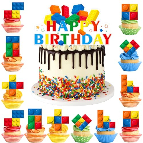 24 Pcs Building Block Birthday Party Cupcake Toppers and 1 Pcs Birthday Cake Topper for Building Block Theme Party Decoration