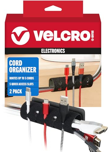 VELCRO Brand Cord Organizer for Desk & Nightstand, 5 Cable Slots with Sleeve Routing, Adhesive Wire Holder for Cord Management, Home, Workshop, Gaming & Office Essentials, Black 2 Pack