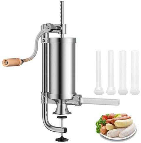 IUokLU Insaccatrice per Salsicce da 3 Litri Fatta in casa in Acciaio Inox Macchina per Salsicce Verticale con 4 Tubi di riempimento Base di aspirazione e manovella,