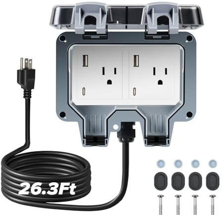 ZUYIYI Outdoor Power Outlet Box with 26.3Ft Extension Cord, Type C & USB Ports, STW 14 AWG, NEMA 5-15R Dual Electrical Outlets, Weatherproof Waterproof IP66, Exterior Wall Socket with Cover for Garden