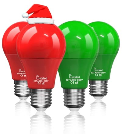 Lustaled Lampadine LED Rosse e Verdi, 9W E27 Lampadine Colorate Equivalente 60W per Decorazioni di Halloween e Natale, Esterno, Portico, Bar, Feste, Non Dimmerabili, 4 Pezzi