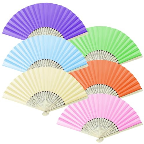 Artomnivera Hand Fan Folding 6 PCS Set, Handmade Bamboo Paper Fans in 6 Colors (Purple, Blue, Yellow, Green, Orange, Pink) for Wedding Decor, Photo Props, Party Favors, Performance, Home Decoration