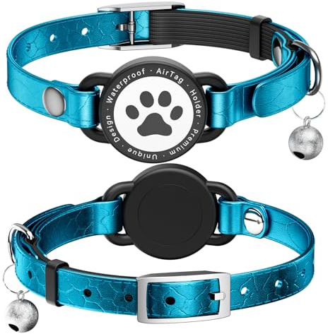 Airtag-Katzenhalsband aus Leder, wasserdicht, AirTag-Halter mit Metallschnalle, bequeme, glänzende Katzen-Tracker-Halsbänder mit Glocke für Mädchen, Jungen, Katzen, Kätzchen und Welpen (blau)