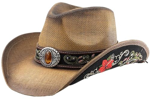 Cowboyhut aus Stroh, UV-Schutz, breite Krempe, Cowgirlhut aus Stroh, Western-Cowgirlhut mit Vintage-Stickerei und dekorativem Gürtel, Cowboyhüte für Damen und Herren, Western-Cowboyhut, Cowboyhüt