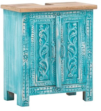 Woodkings Waschbeckenunterschrank Santa Cruz I Badschrank 52 cm breit aus Mangoholz blau | Badmöbel Rustikal & mediterran | Waschtischunterschrank für Aufsatzwaschbecken mit Siphonausschnitt